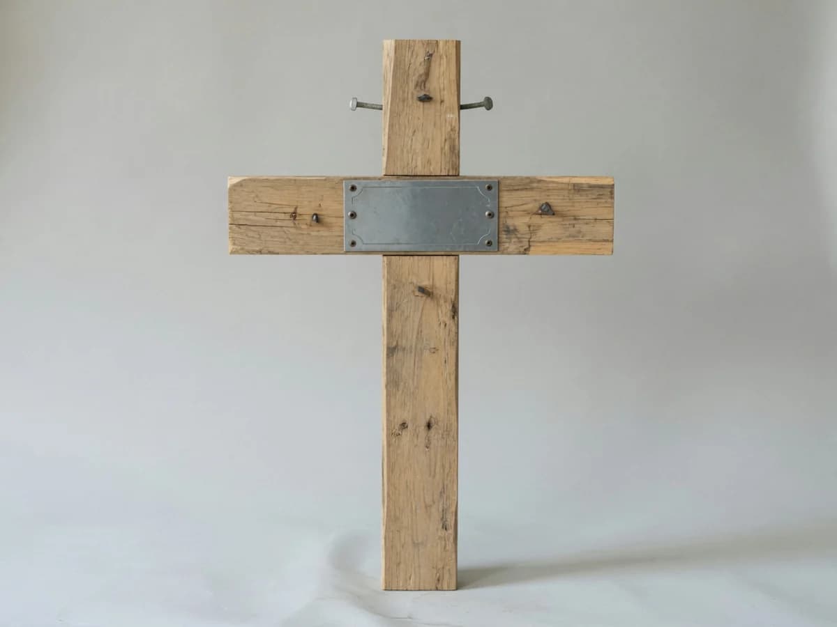 Simple natural wood provisional grave cross with an empty metal nameplate, no text