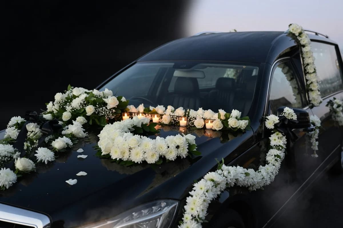Aranjamente florale funerare pe capota și laterala unui vehicul funerar, pregătite de cortegiu