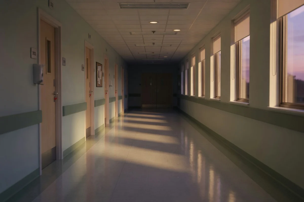 Coridor de spital liniștit, gol, în lumina caldă a serii