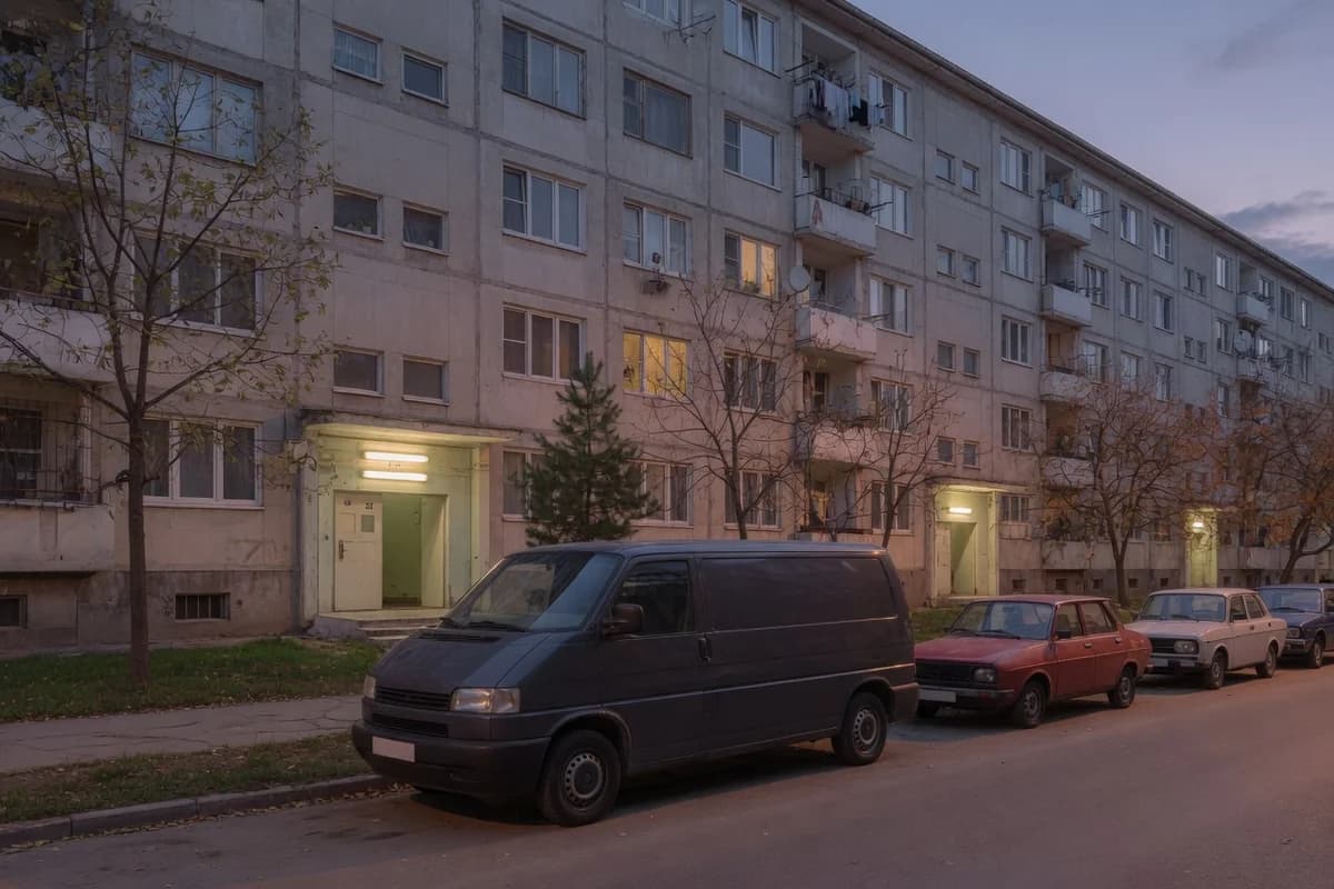 Vehicul funerar discret, fără inscripții, parcat noaptea în fața unui bloc rezidențial