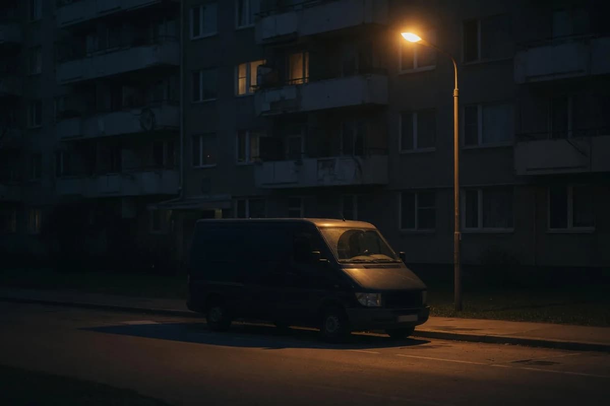 Discreet unmarked van parked at night in front of a residential apartment building