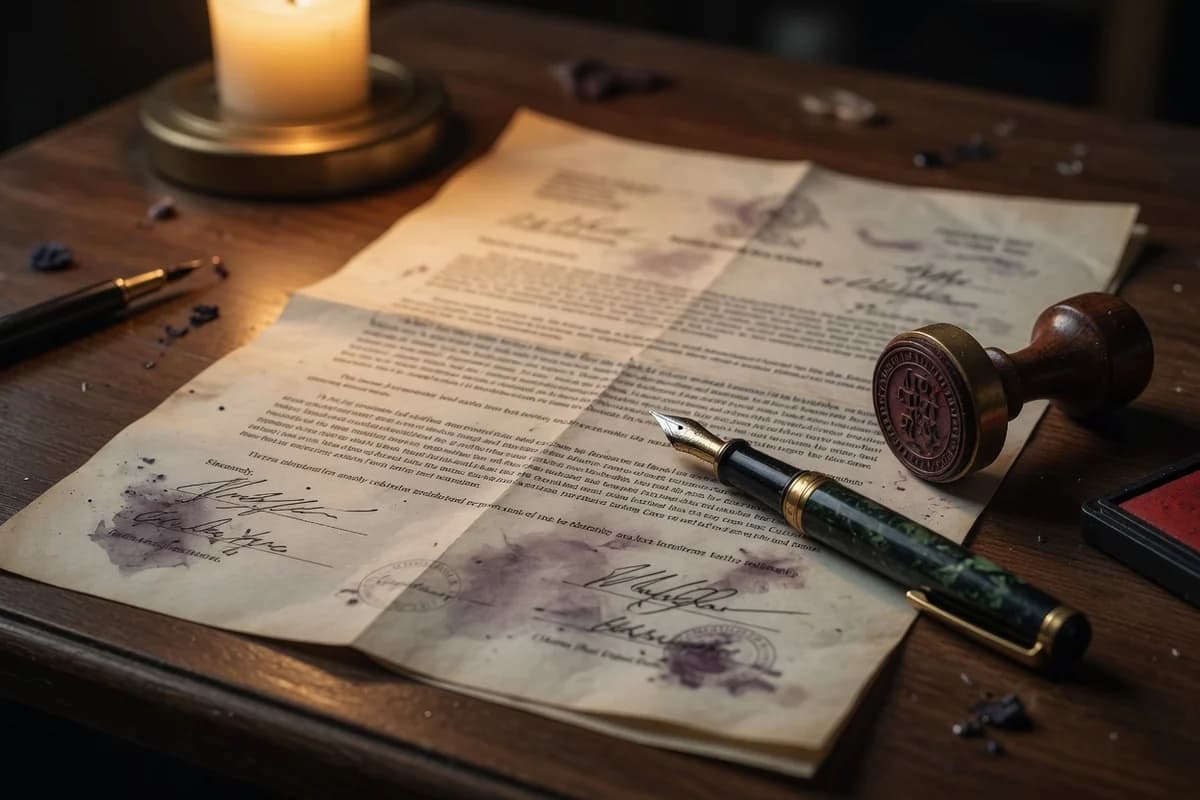 Concession contract with illegible text, a fountain pen and rubber stamp on a wooden desk