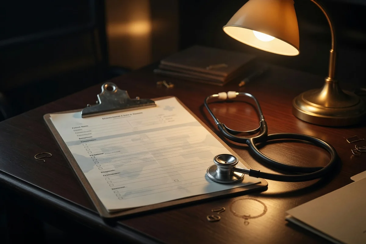 Clipboard with a blank medical form and stethoscope on a consultation desk