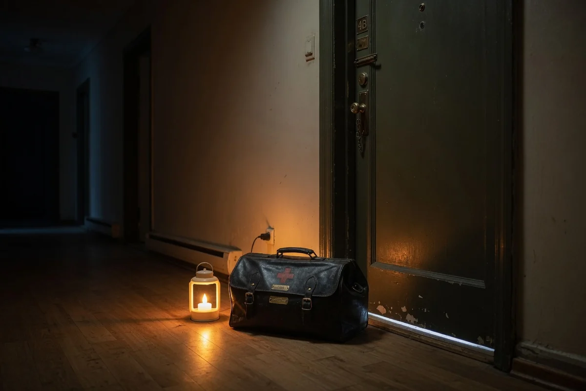 Medical visit bag beside an apartment door in a dim hallway with warm night-light