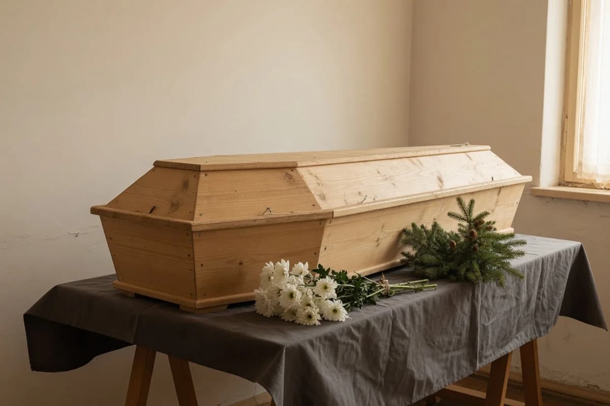 Sicriu simplu din lemn de brad pe o masă cu pânză gri, cu un buchet de crizanteme albe și crenguțe de brad