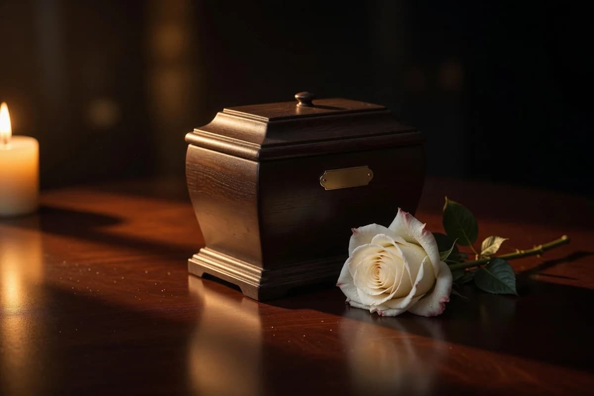 Elegant dark-wood cremation urn with a single white rose alongside — the cremation package