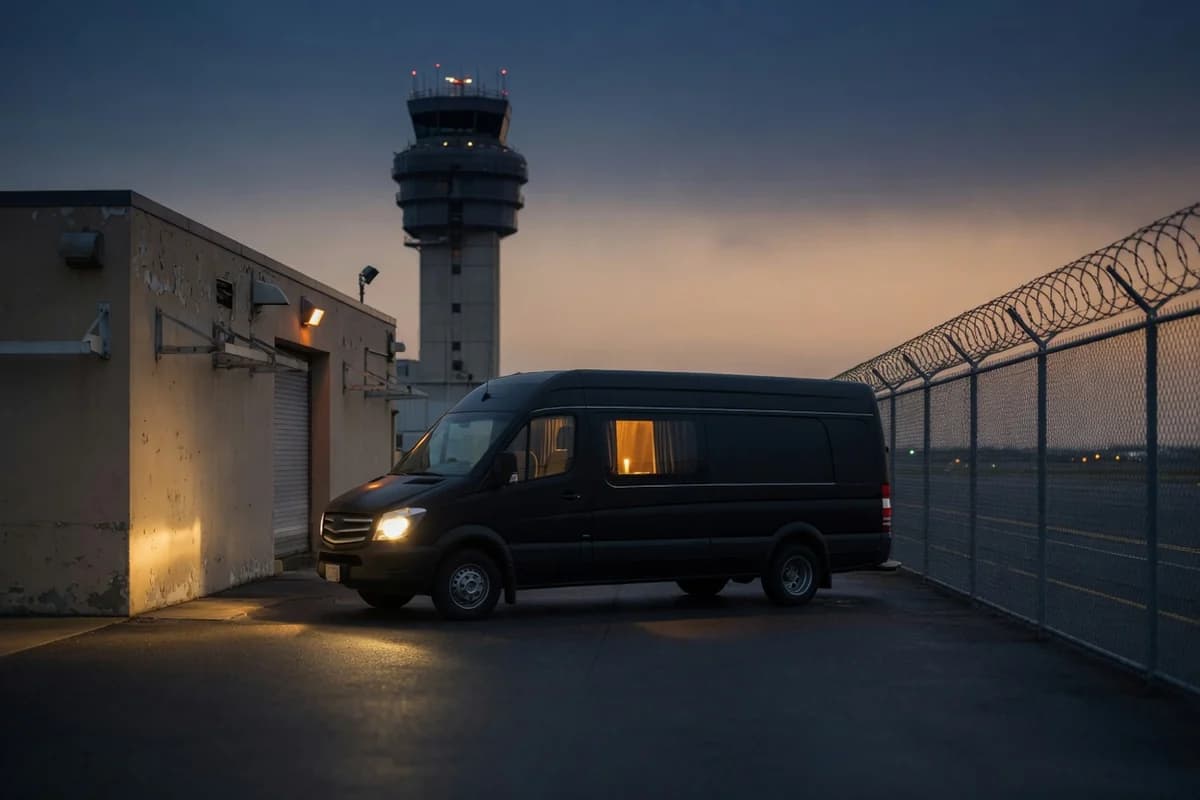 Funeral van at the airport cargo office at first light — the pickup in Romania