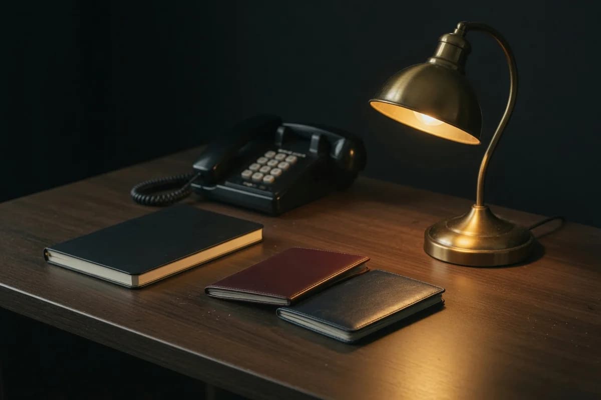 Repatriation coordination desk — telephone, passports and a warm lamp