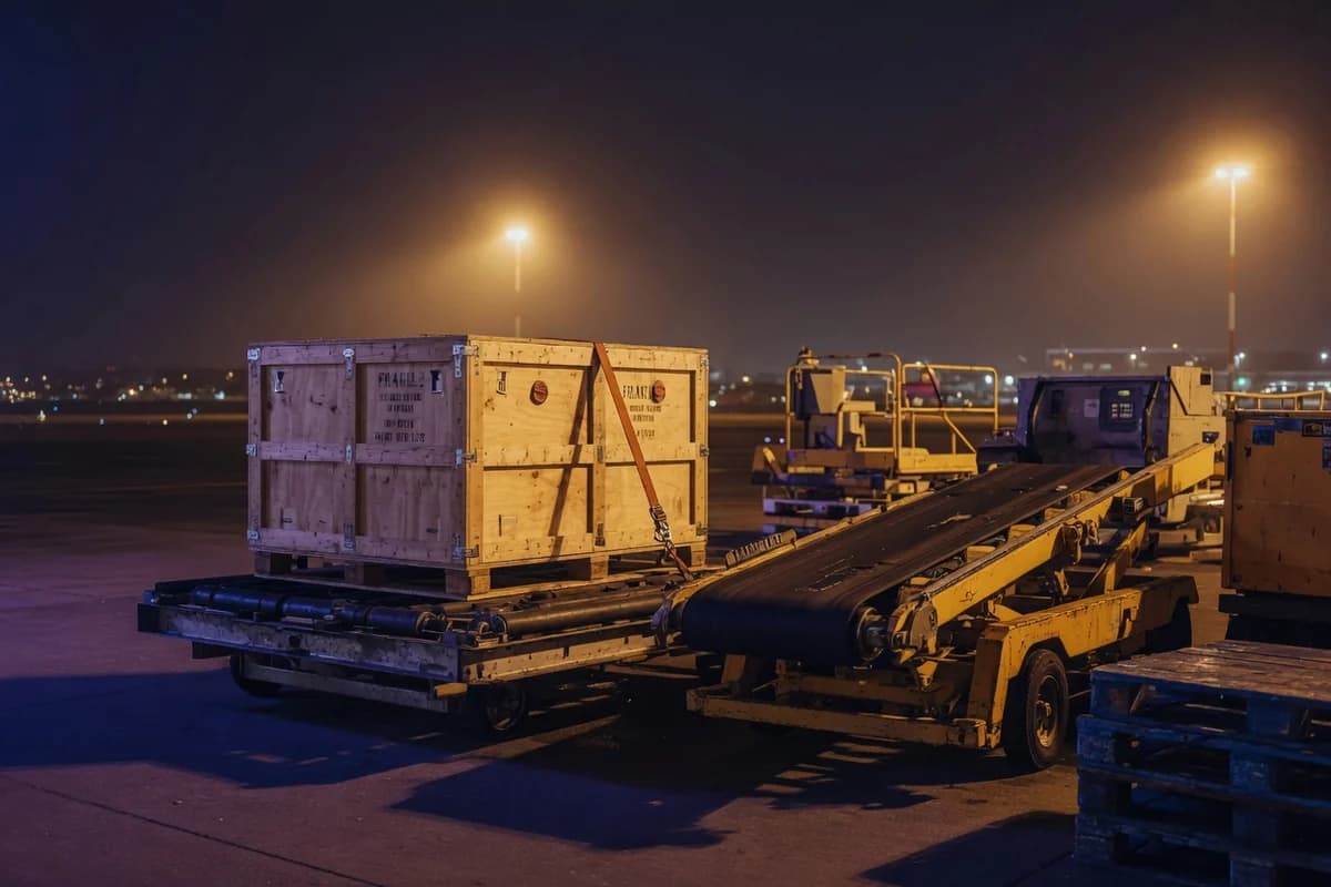Zonă de cargo aerian pe timp de noapte — pregătirea transportului din Germania