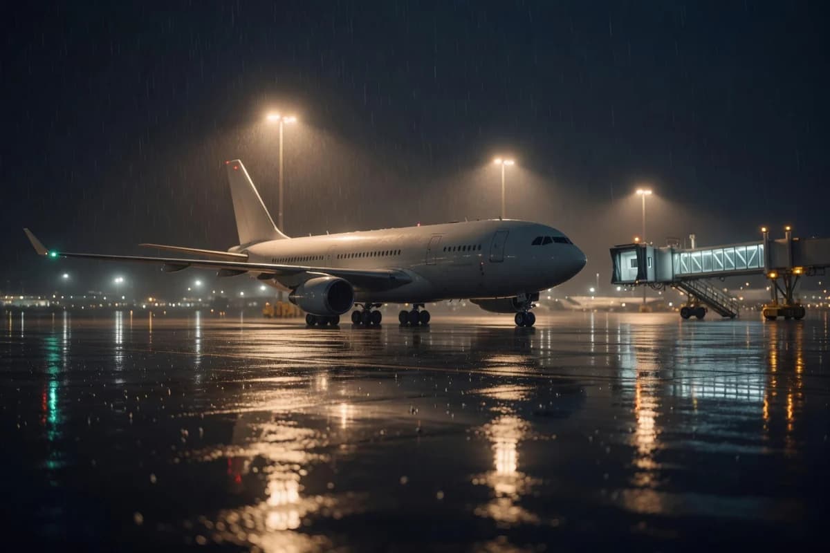 Avion cargo transatlantic pe pistă, noaptea, în ploaie — transportul din SUA