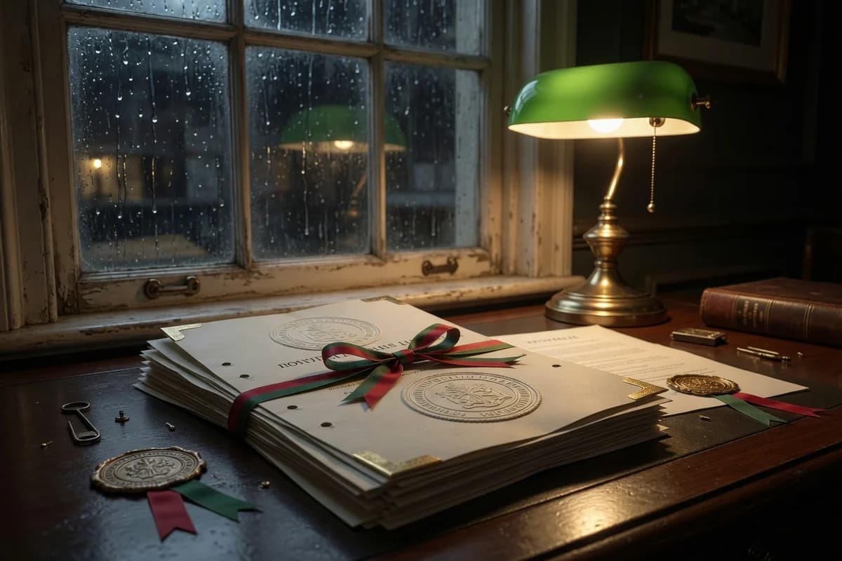 Apostilled documents for repatriation from the UK on a desk by a rainy window