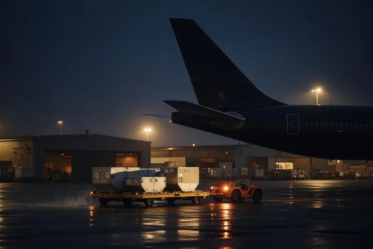 Airport cargo facility at night — air transport from the United Kingdom