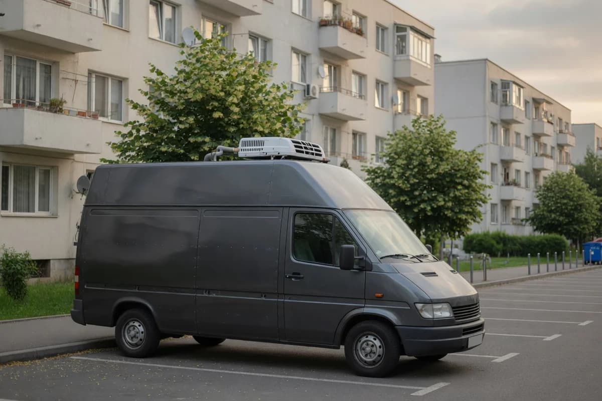 Detaliu exterior: dubă funerară cu agregat frigorific pe cabină, parcată sobru în zori
