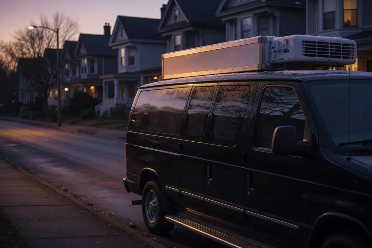 Exterior detail of a funeral van with refrigeration unit on the cab, parked at dawn