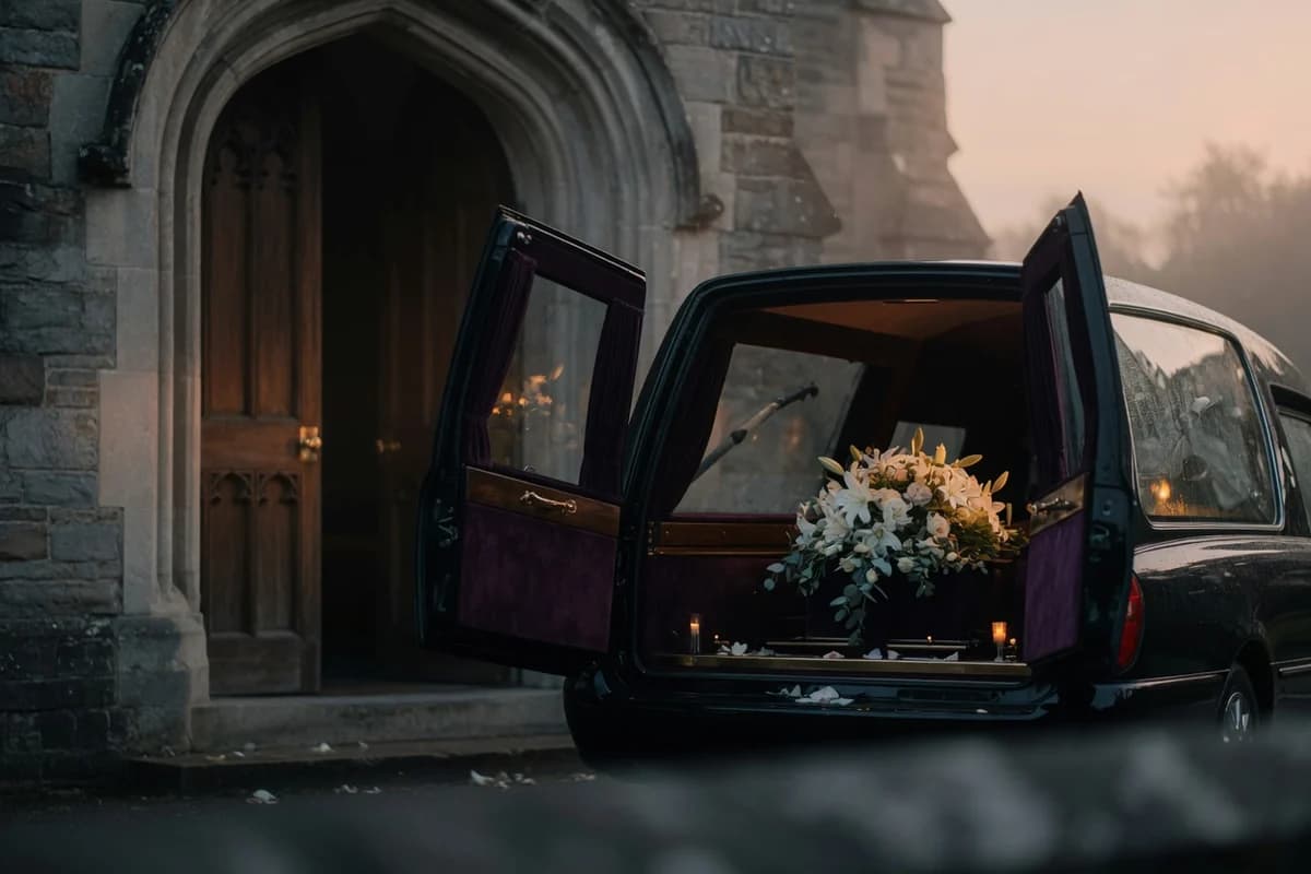 Hearse rear doors open before a chapel entrance, floral arrangement visible inside