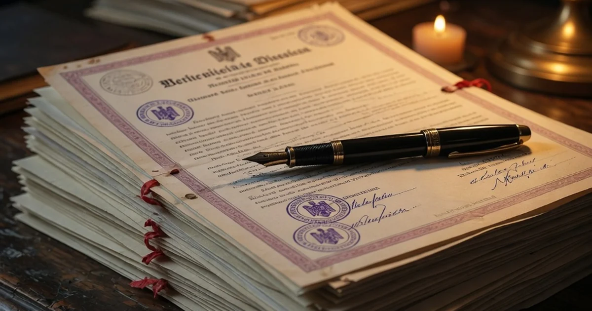 Stack of official documents and fountain pen on dark wood desk