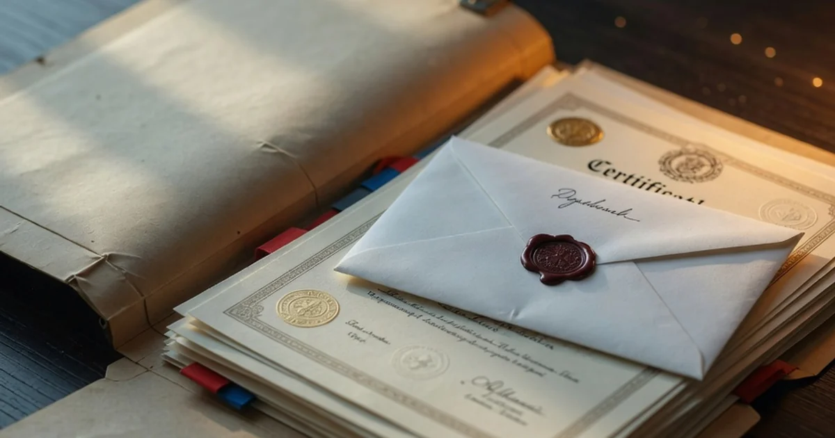Manila folder with certificates and a white envelope on top