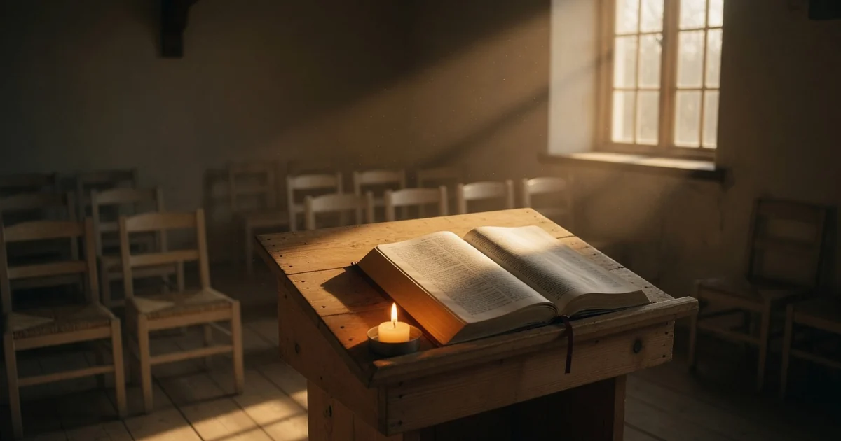Biblie deschisă pe un amvon simplu de lemn într-o casă de rugăciune baptistă