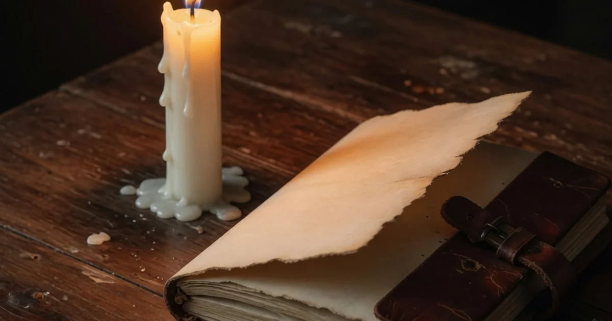 White candle beside an open leather notebook on a wooden table