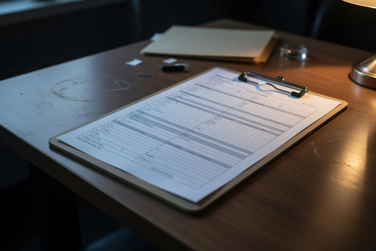 Clipboard cu formular medical tipizat (text ilizibil) pe birou de cabinet