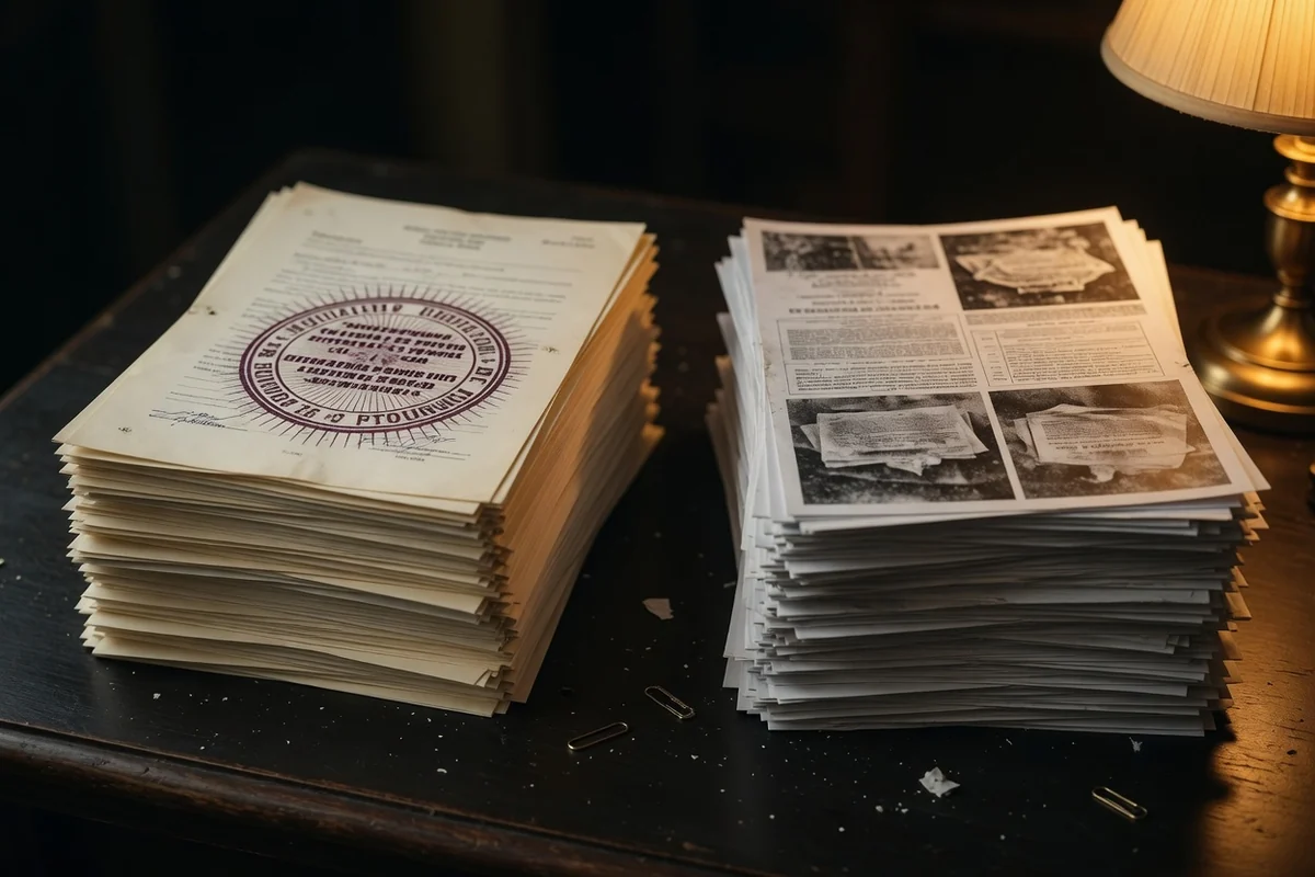 Two document stacks face to face: original with a stamp and black-and-white copies