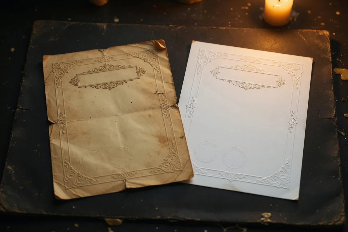 Two identical certificates side by side: one worn and yellowed, one fresh — the duplicate