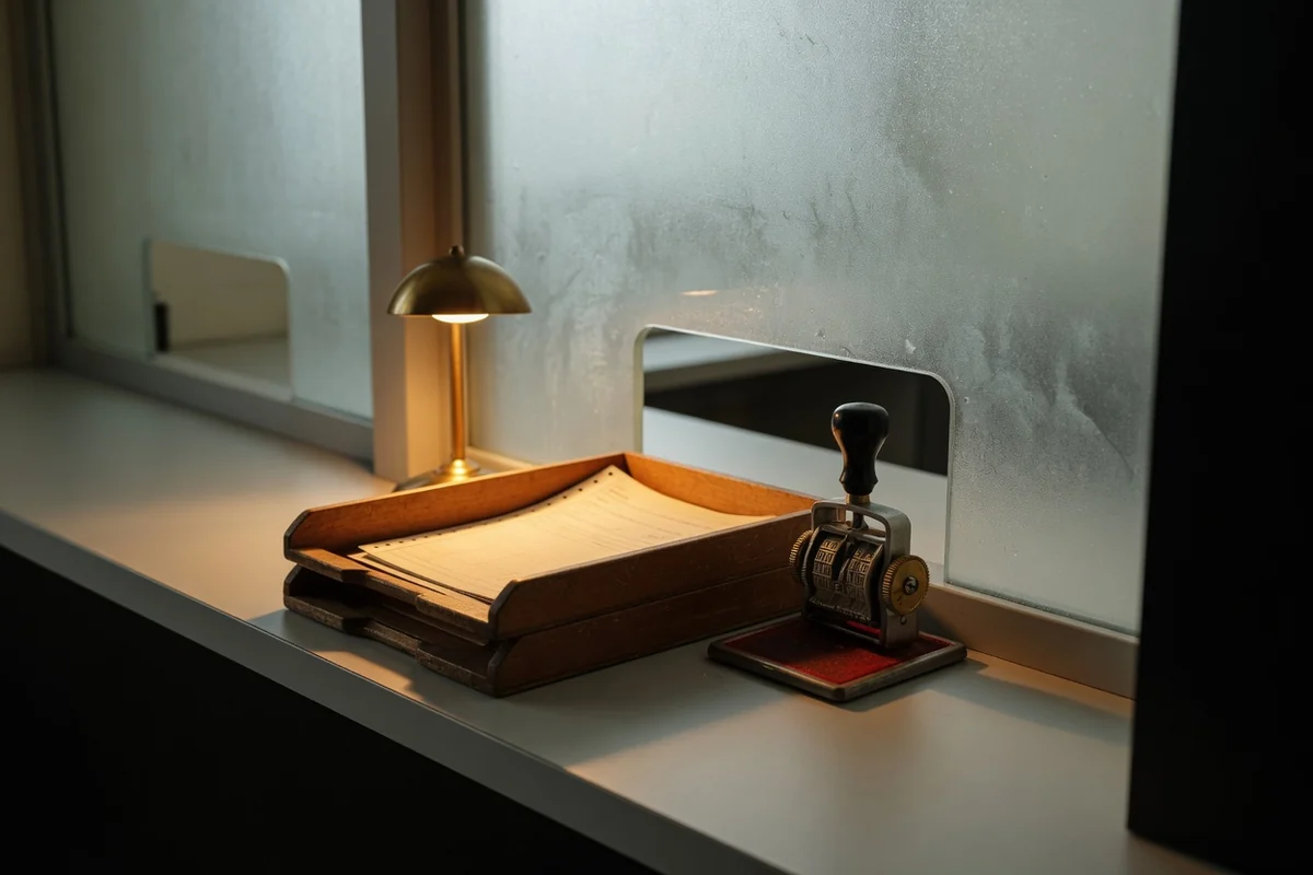 Civil registry counter: document tray, date stamp and glass partition — issuing the death certificate