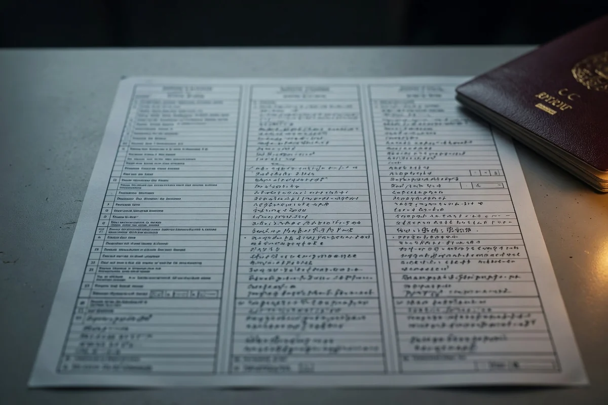 Multi-column multilingual form with illegible columns and a passport corner — the multilingual extract