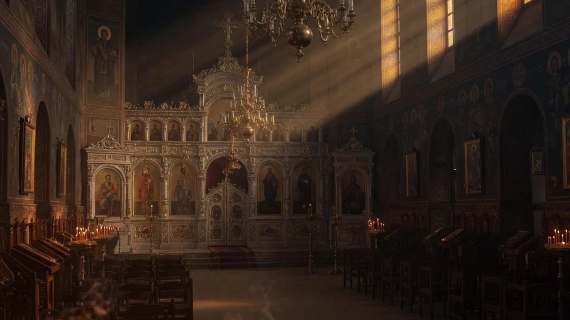 Warm Orthodox church interior with light beams through windows
