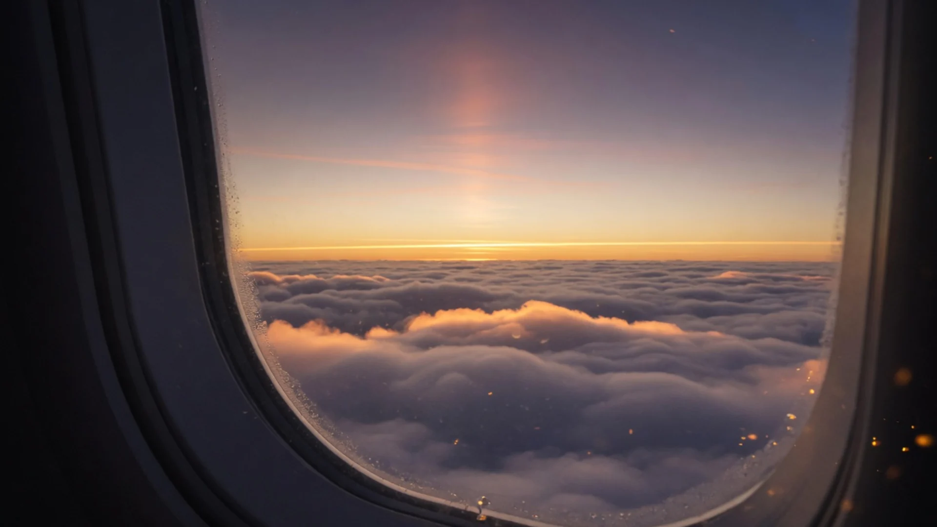 Golden dawn over clouds seen through an airplane window