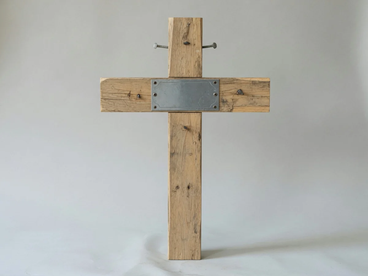 Cruce provizorie de lemn natur, simplă, cu plăcuță metalică goală fără text