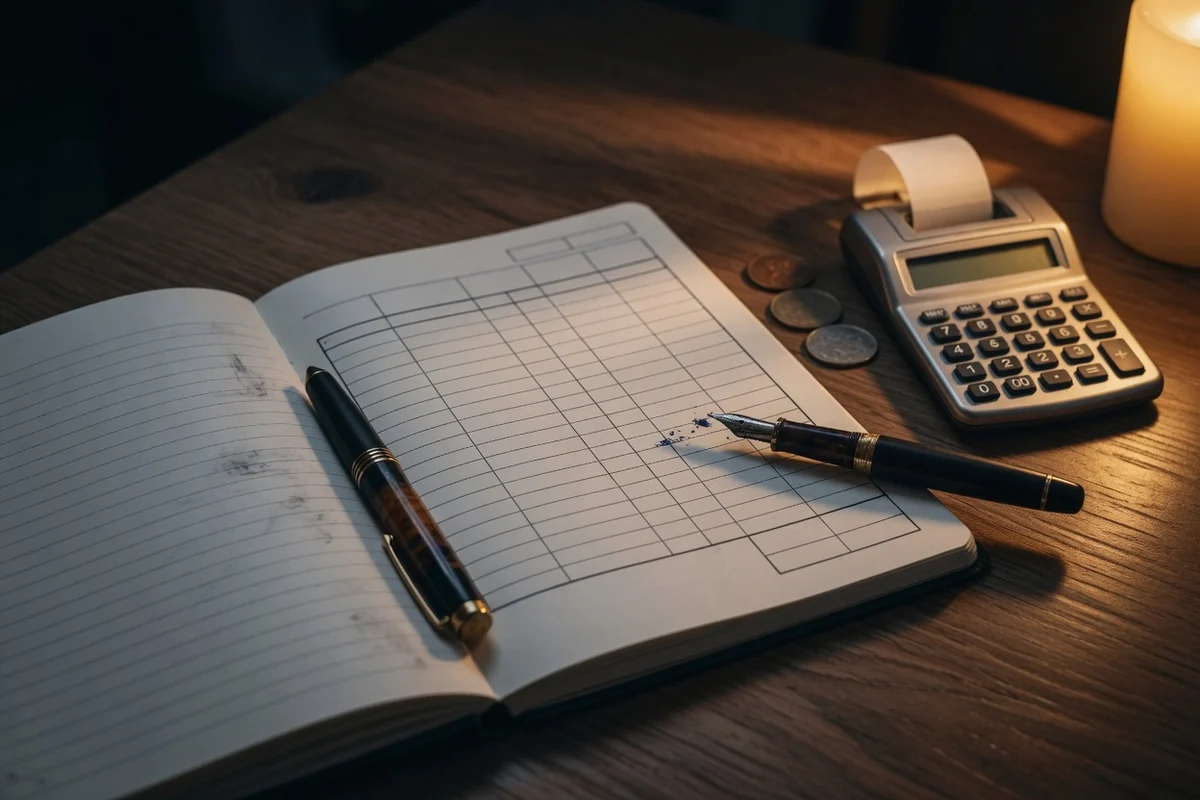 Notebook with a budget grid and calculator — estimating the costs, step by step