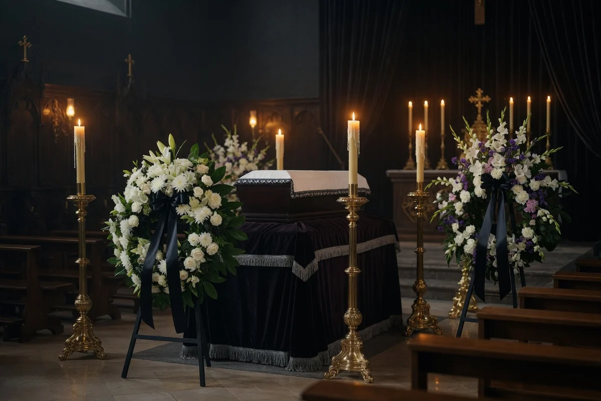 Chapel arranged for a service: tall candles, wreath stands, draped catafalque, no people