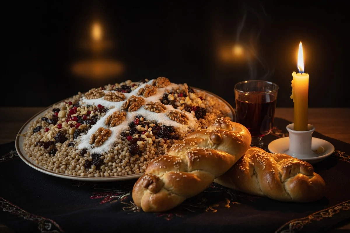 Romanian memorial table: koliva with cross, braided loaves, red wine, lit candle