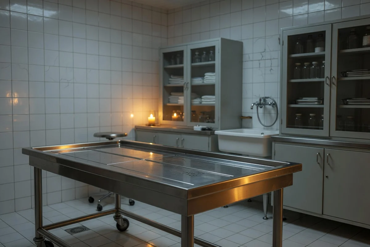 Clean mortuary preparation room: empty steel table, medical cabinets, tile walls, balanced light