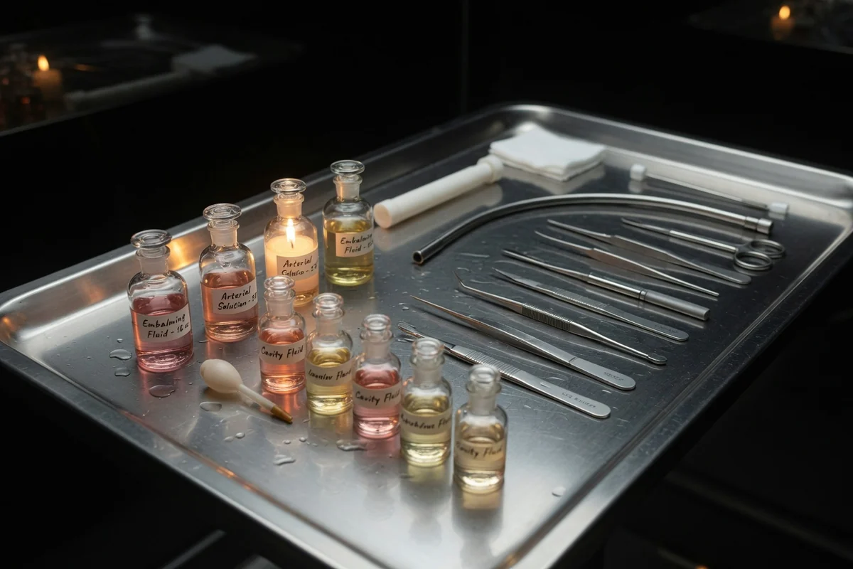 Sterile instruments and solution bottles neatly arranged on a stainless steel tray