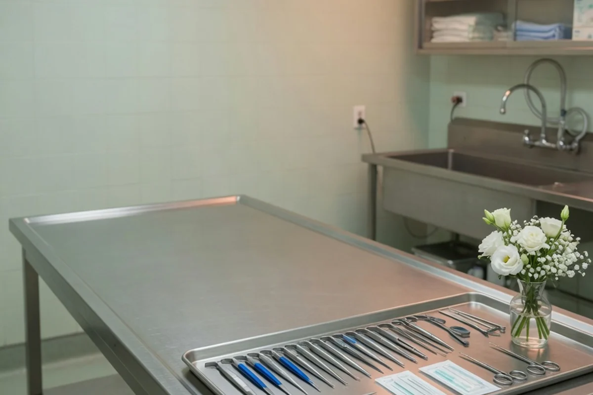 Clean preparation room with steel table and ordered instruments