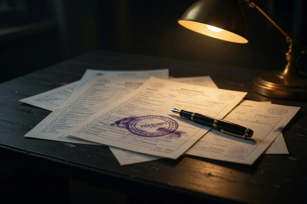 Official forms with a stamp and pen on a dark desk, warm focused lamp