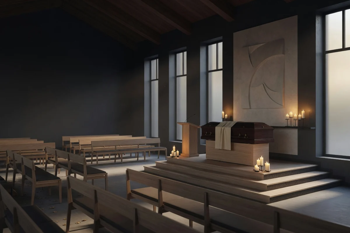 Calm modern crematorium chapel interior: benches, casket podium, tall windows with natural light