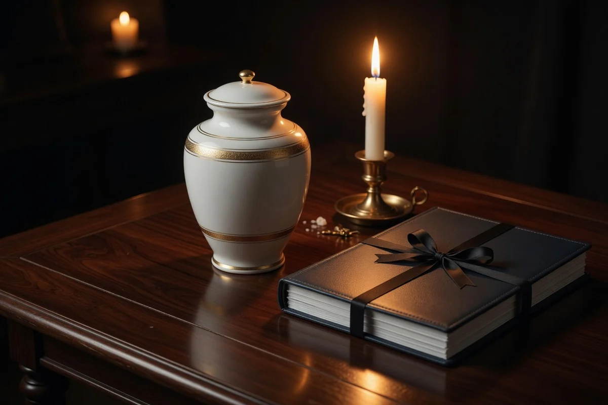 Elegant cremation urn on a dark wood table beside a bound legal dossier and a lit candle