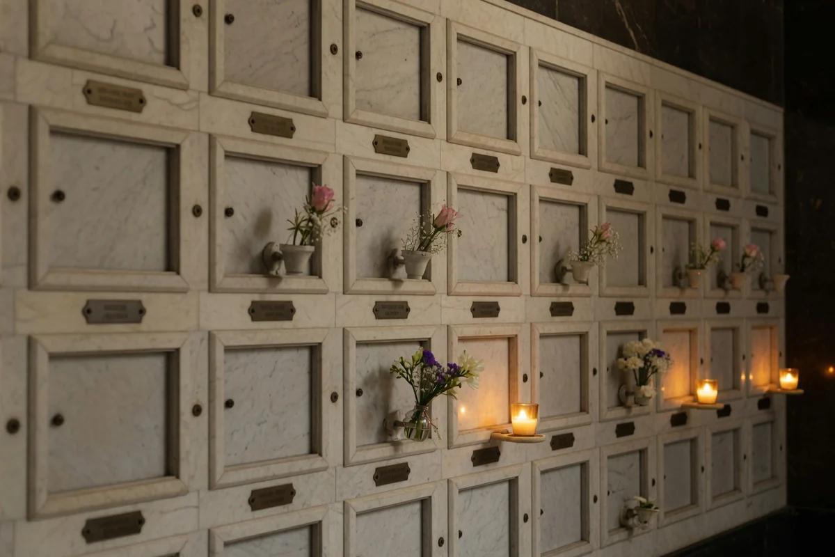 Columbarium wall with marble niches, illegible plaques, and a few niches holding small flowers