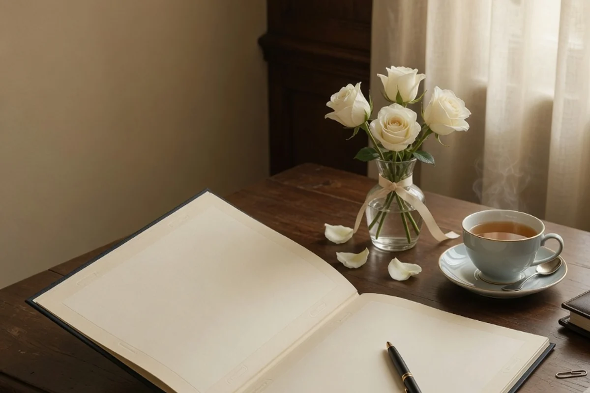 Consultation desk with an open presentation folder and white roses