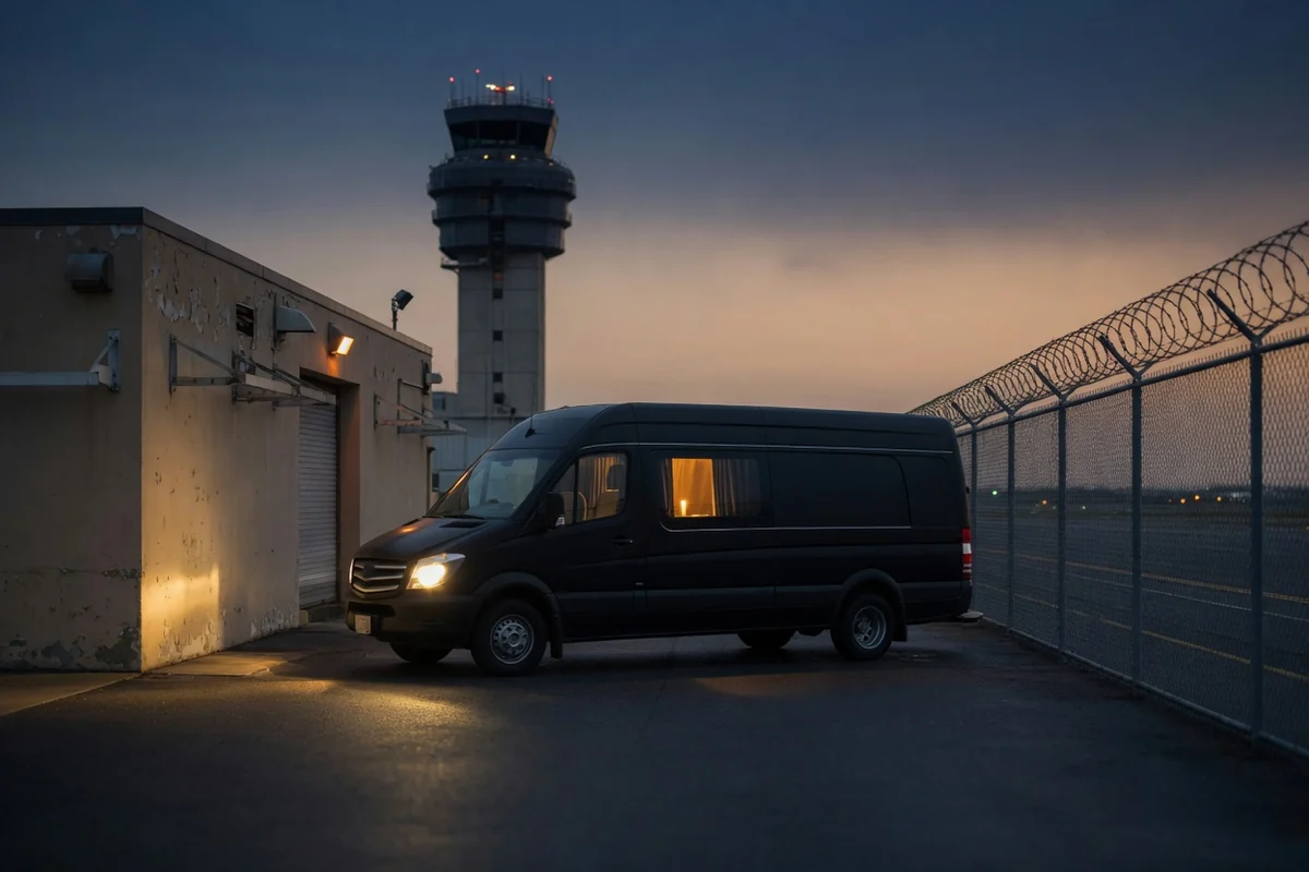 Funeral van at the airport cargo office at first light — the pickup in Romania