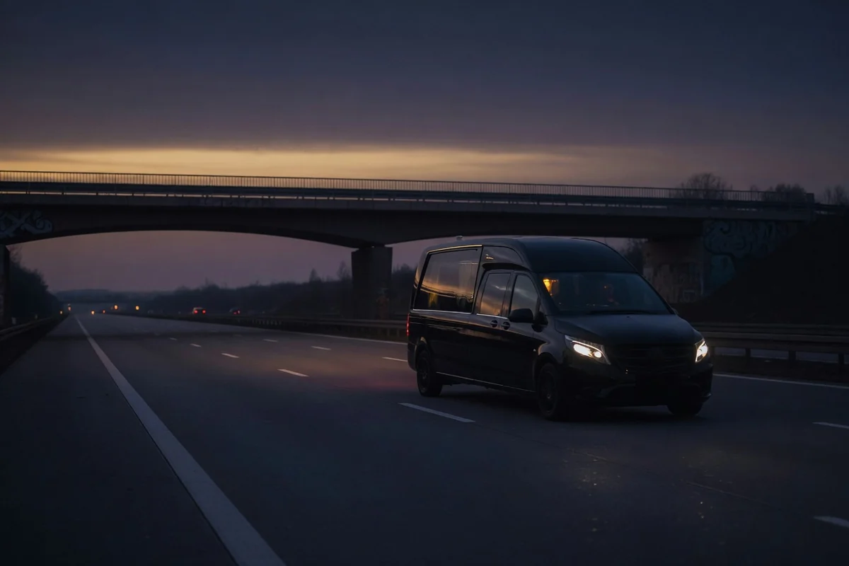 Discreet funeral transport van on a European motorway at dusk — the Germany–Romania route