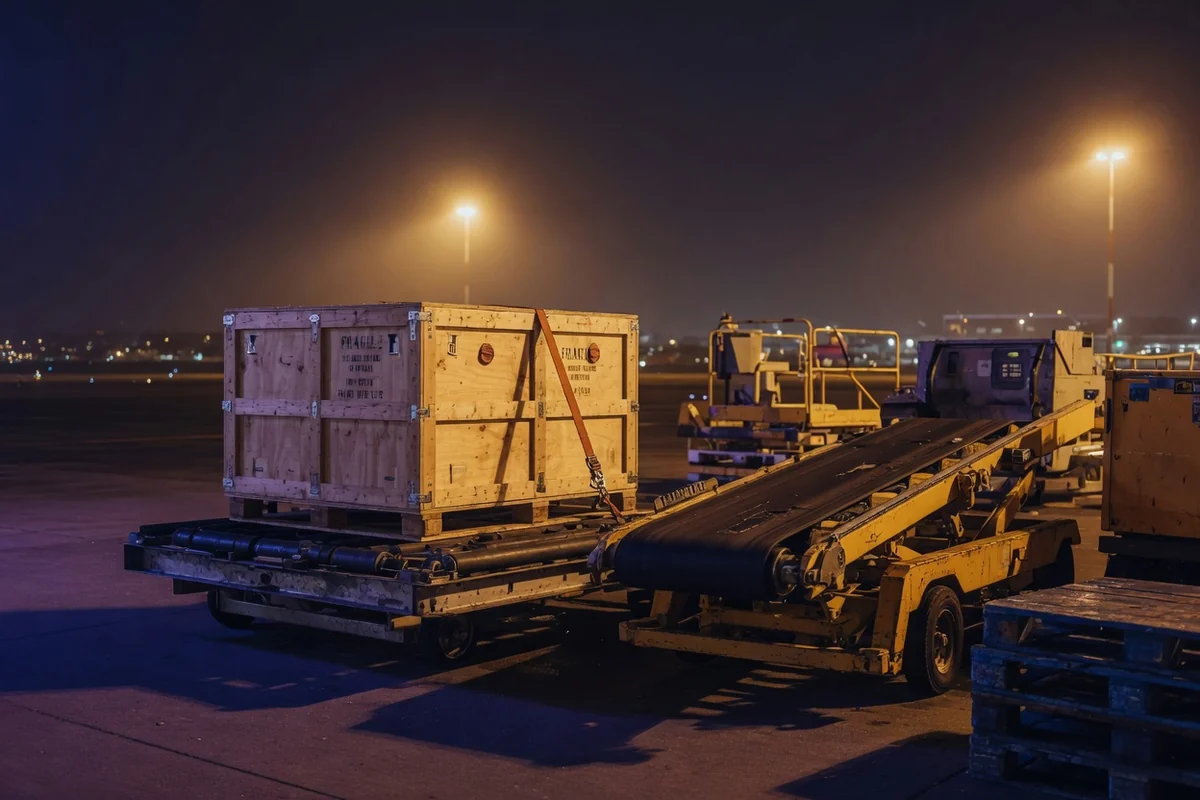 Air cargo loading area at night — preparing the transport from Germany