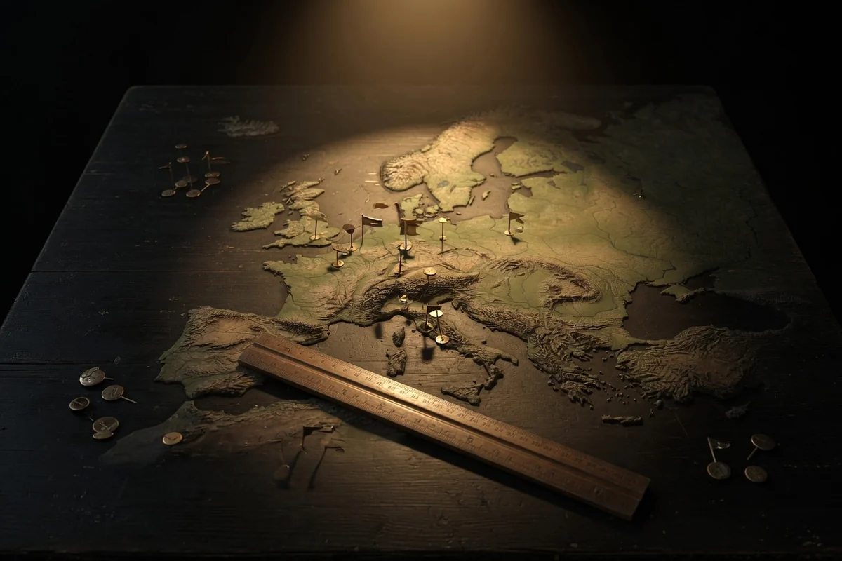 Relief map of Europe with route markers — planning the journey home