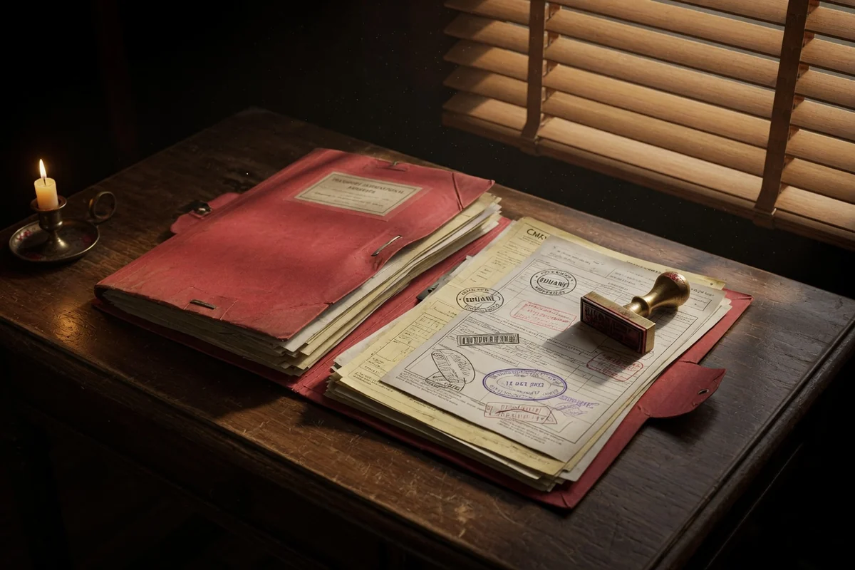 Folder with repatriation paperwork from Spain on a desk in Mediterranean light