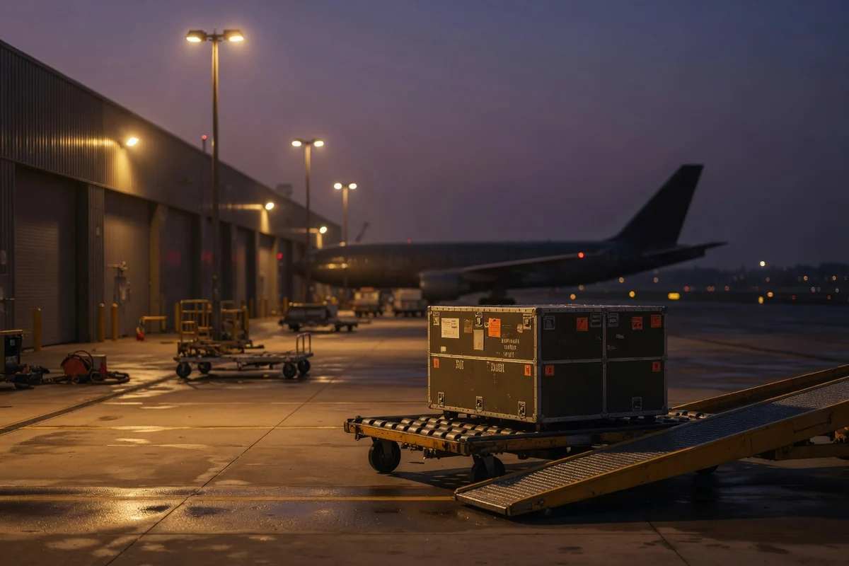 Cargo terminal apron at dusk — air transport from Spain