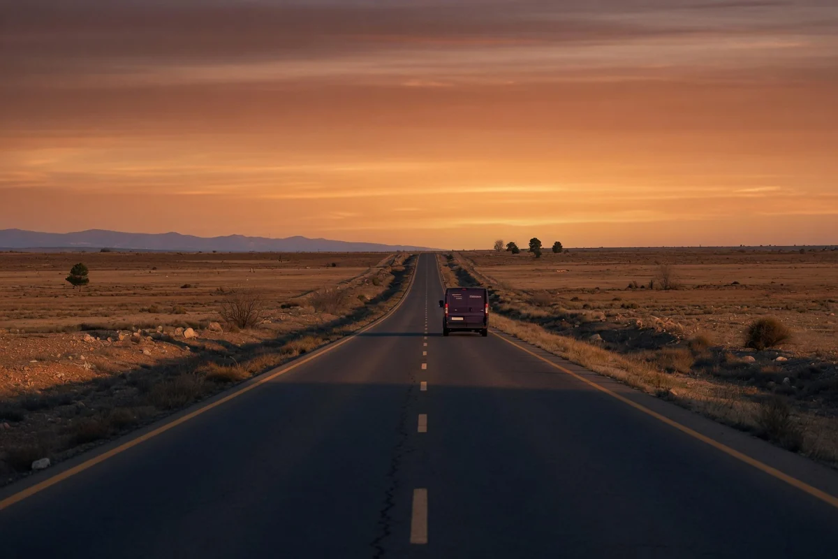 Straight highway across the Spanish plateau at sunset — the start of the journey to Romania