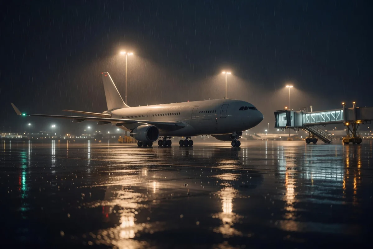 Transatlantic cargo aircraft on a rainy apron at night — the transport from the USA